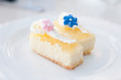 his and hers cheesecake slices with blue and pink candies