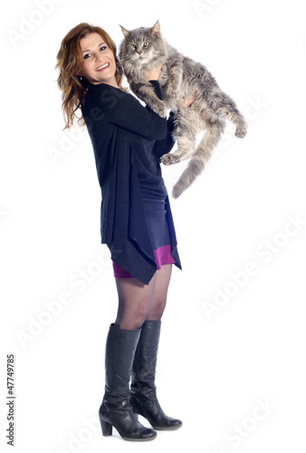 Photo: maine coon cat and woman maine coon cat and woman
