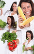 Montage of woman holding a variety of vegetables