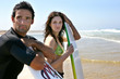 Couple stood on beach ready to surf