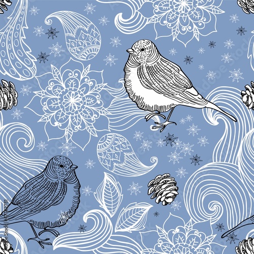 Vector: Seamless doodle background bird and floral elements Seamless doodle background bird and floral elements