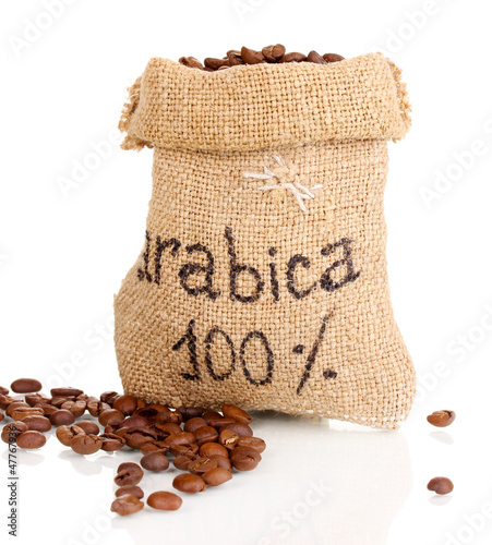 Photo: Coffee beans in bag isolated on white Coffee beans in bag isolated on white