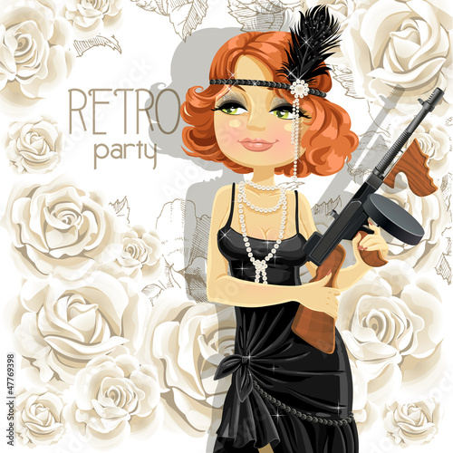 Vector: Pretty girl with a gun Thompson on the invitation to retro party Pretty girl with a gun Thompson on the invitation to retro party