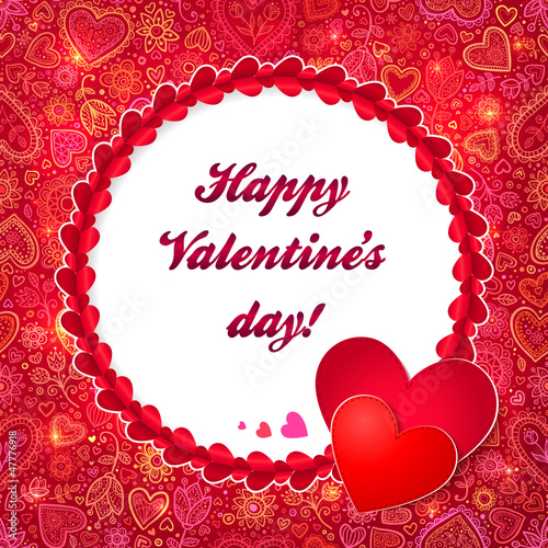 Vector: Red circle valentines day greeting card with hearts and lights Red circle valentines day greeting card with hearts and lights
