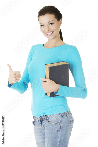Photo: Attractive student woman gesturing OK, Attractive student woman gesturing OK,