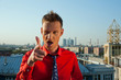 A man in a red shirt