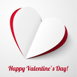 Red heart cut from paper Valentines day card with sign
