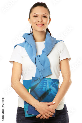 Photo: Female student with books, isolated on white background Female student with books, isolated on white background