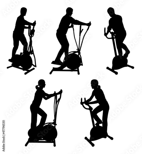 Vector: silhouettes of fitness people on gym bikes silhouettes of fitness people on gym bikes