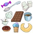 Set of illustrations of sweet food and drinks