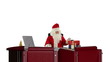Santa Claus reading letters and sorting presents, against white