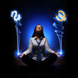 Business woman with financial symbols around