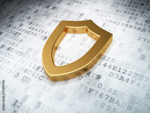 Illustration: golden contoured shield on digital background golden contoured shield on digital background