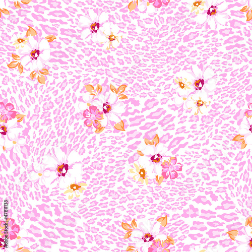 Vector: Pastel flowers over animal seamless background Pastel flowers over animal seamless background