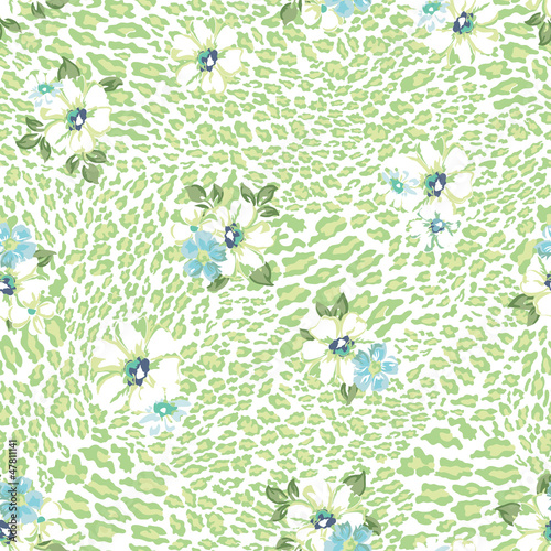 Vector: Pastel flowers over animal seamless background Pastel flowers over animal seamless background