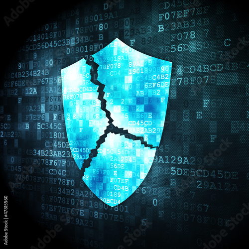 Illustration: Security concept: broken shield on digital background Security concept: broken shield on digital background