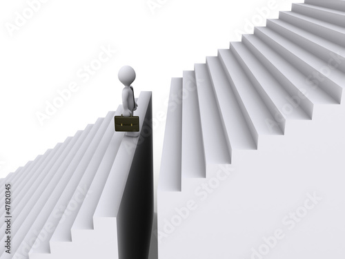 Illustration: Businessman standing before gap of stairs Businessman standing before gap of stairs
