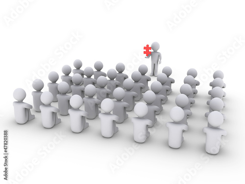 Illustration: Person is showing a puzzle piece to many others Person is showing a puzzle piece to many others