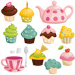 Vektor: Tea set and cupcakes, vector illustration Tea set and cupcakes, vector illustration