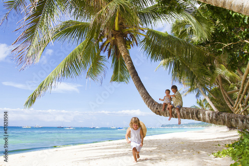 Photo: three children - boy and girls - sitting on palm tree on tropica three children - boy and girls - sitting on palm tree on tropica