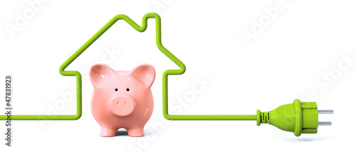 Illustration: Green power plug - house with piggy bank Green power plug - house with piggy bank