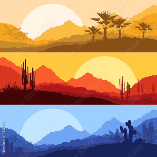 Vector: Desert wild nature landscapes with cactus and palm tree plants Desert wild nature landscapes with cactus and palm tree plants