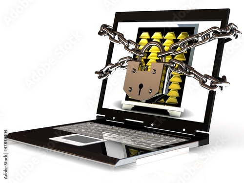 Illustration: Pc security. Laptop with chain and lock. Pc security. Laptop with chain and lock.