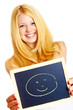 pretty smiling woman with blackboard isolated on white