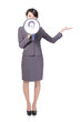 woman with megaphone show something