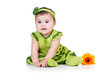 cute little girl with flower gift, isolated on white