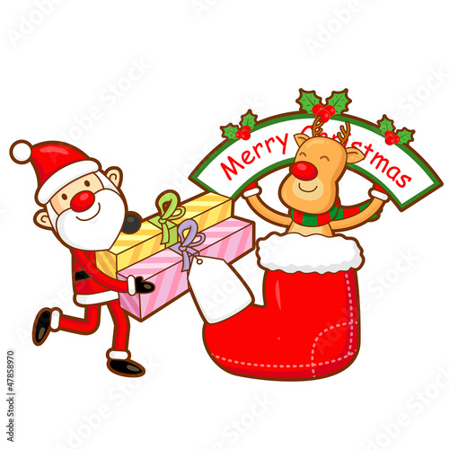 Vector: Santa Claus and deer mascot the event activity. Christmas Charac Santa Claus and deer mascot the event activity. Christmas Charac