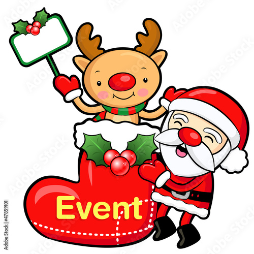 Vector: Santa Claus and deer mascot the event activity. Christmas Charac Santa Claus and deer mascot the event activity. Christmas Charac