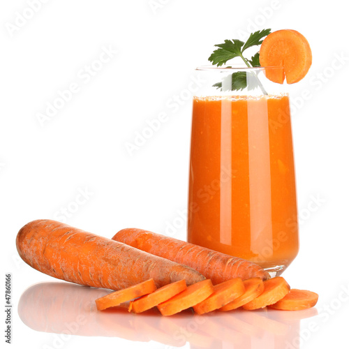 Photo: Glass of carrot juice and fresh carrots isolated on white Glass of carrot juice and fresh carrots isolated on white
