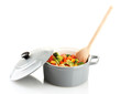 Vegetable stew in gray pot isolated on white