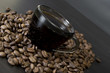 coffee beans, cup, Pots, cinnamon on dark background