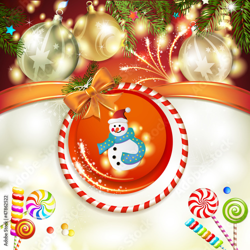 Vector: Snowman and Christmas ball with pine tree Snowman and Christmas ball with pine tree