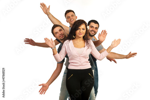 Photo: Cheerful friends showing their hands Cheerful friends showing their hands