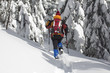 Schneeschuhwanderin in tief verschneitem Winterwald