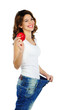 Photo: Happy weight loss woman isolated on white Happy weight loss woman isolated on white