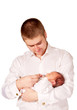 Father and newborn baby. Baby care. Isolated on white