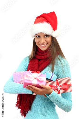 Photo: beautiful young woman with gifts, isolated on white beautiful young woman with gifts, isolated on white