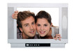 couple posing in a television frame