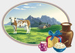 Vector: Rural landscape and dairy foodstuff Rural landscape and dairy foodstuff