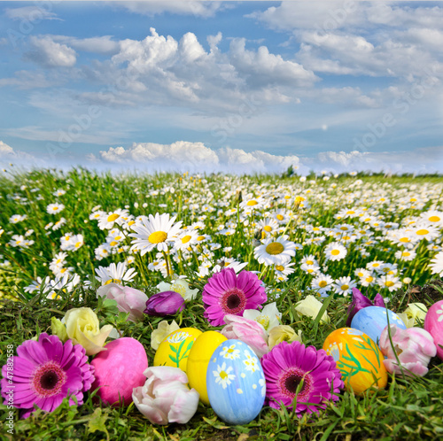 Photo: Bunte Osterwiese mit Blumen und Ostereiern Bunte Osterwiese mit Blumen und Ostereiern