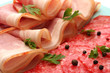 tasty bacon and sausage with spices, close up