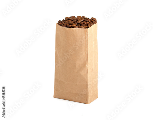 Photo: Paper Bag Package Of Coffee, filled with coffee beans. Paper Bag Package Of Coffee, filled with coffee beans.