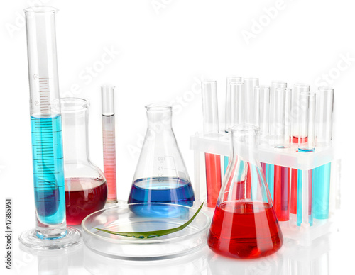 Photo: Test-tubes and green leaf tested in petri dish, isolated Test-tubes and green leaf tested in petri dish, isolated