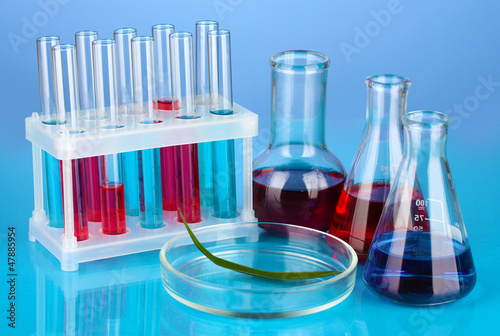 Photo: Test-tubes and green leaf tested in petri dish, Test-tubes and green leaf tested in petri dish,