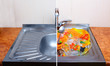 comparison of clean sink with full of dirty dishware one