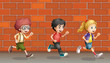 Two boys and a girl running